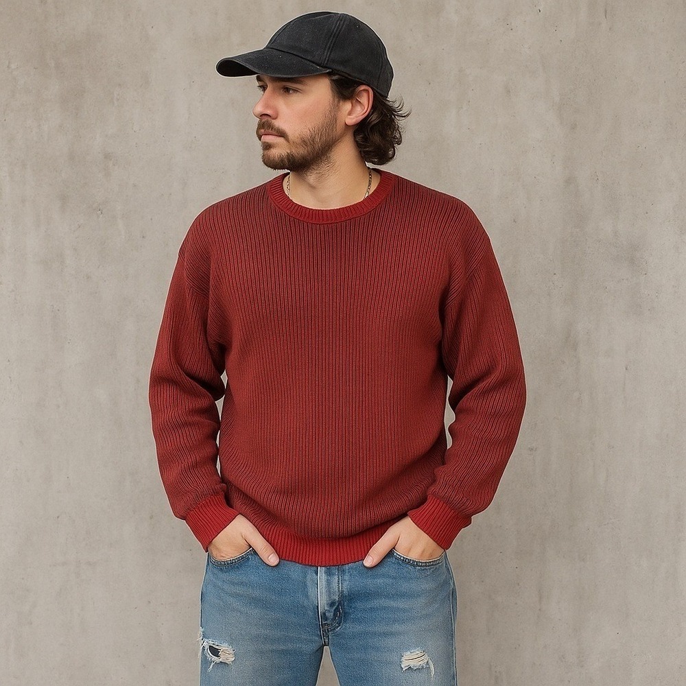 Vintage 90s Anchor Blue Sweater XL Red Gray Ribbed Knit L/S‎ Korea Y2K Grunge
